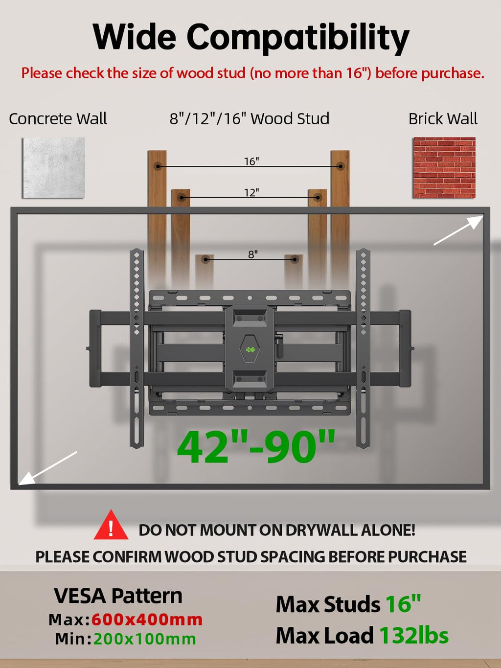 USX Mount Full Motion TV Wall Mount for Most 42-90" TV Holds up to 132lbs