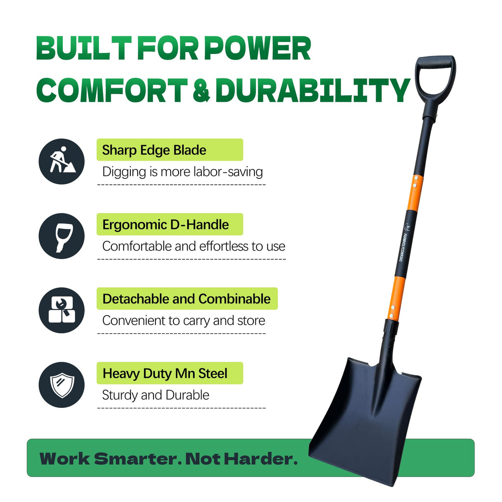 FARMHOLYCOWKING Heavy Duty Steel Flat Shovel–Square Head Shovel with Detachable D-Handle and Anti-Slip Grip, 47 Inch Flat Shovel for Landscaping, Square Shovel for Gardening, Transfer Shovel