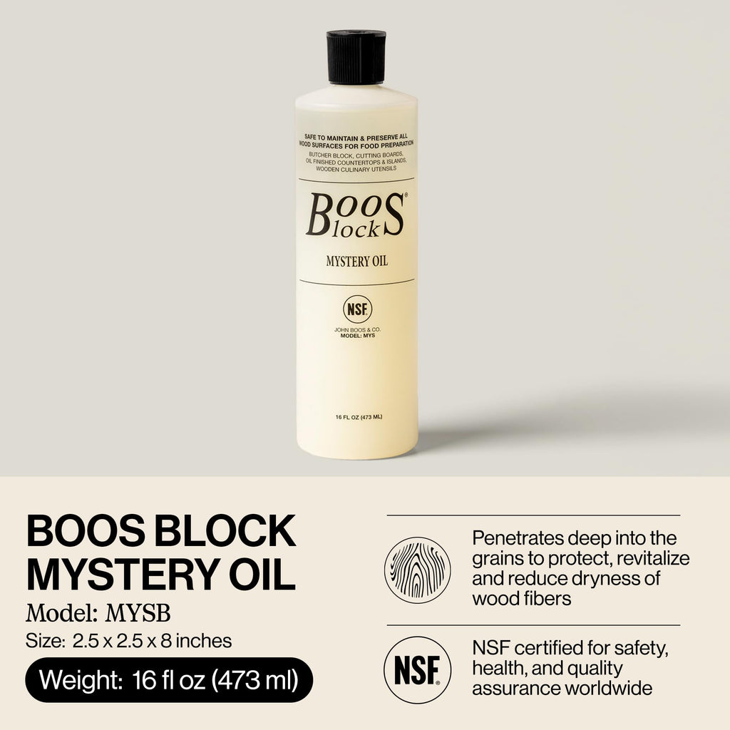 John Boos All-Natural Mystery Oil, Revitalizing Wood Conditioner, 16 oz - Food-Grade Mineral Oil for Butcher Blocks, Cutting Boards, Countertops and Wooden Culinary Utensils