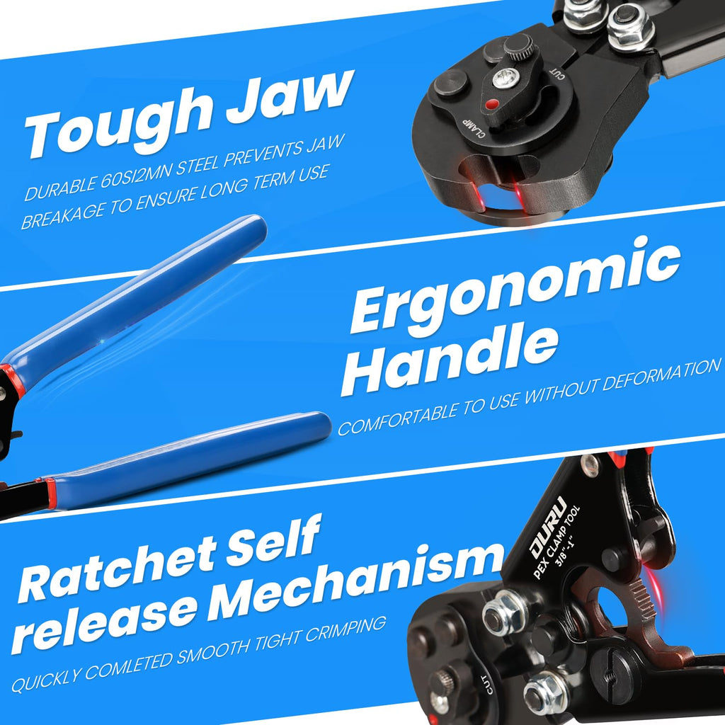 OURU 2 IN 1 Ratchet Pex Crimping Tool Cinch and Remove Combo Function Pex Pipe Crimp Tool from 3/8" to 1" Pex Crimper with Pex Cutter and Stainless Steel Pex Clamps 1/2" 25PCS,3/4" 10PCS
