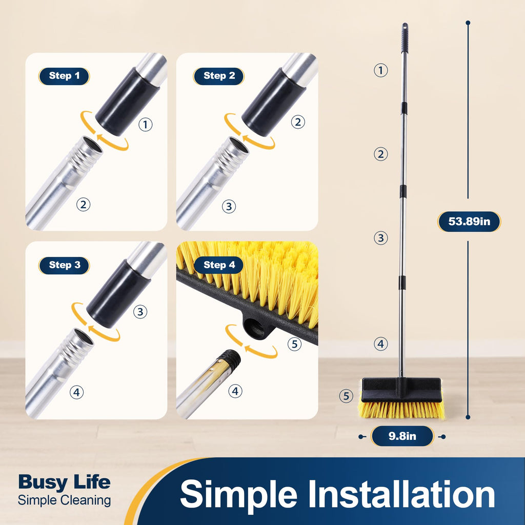 Yocada Deck Brush with 4-Section Extendable Handle Floor Scrub Brush Soft &Medium Bristles Non-Slip Grip for Outdoor Deck Patio Bathroom Garage Concrete Cleaning 53.89 Inch