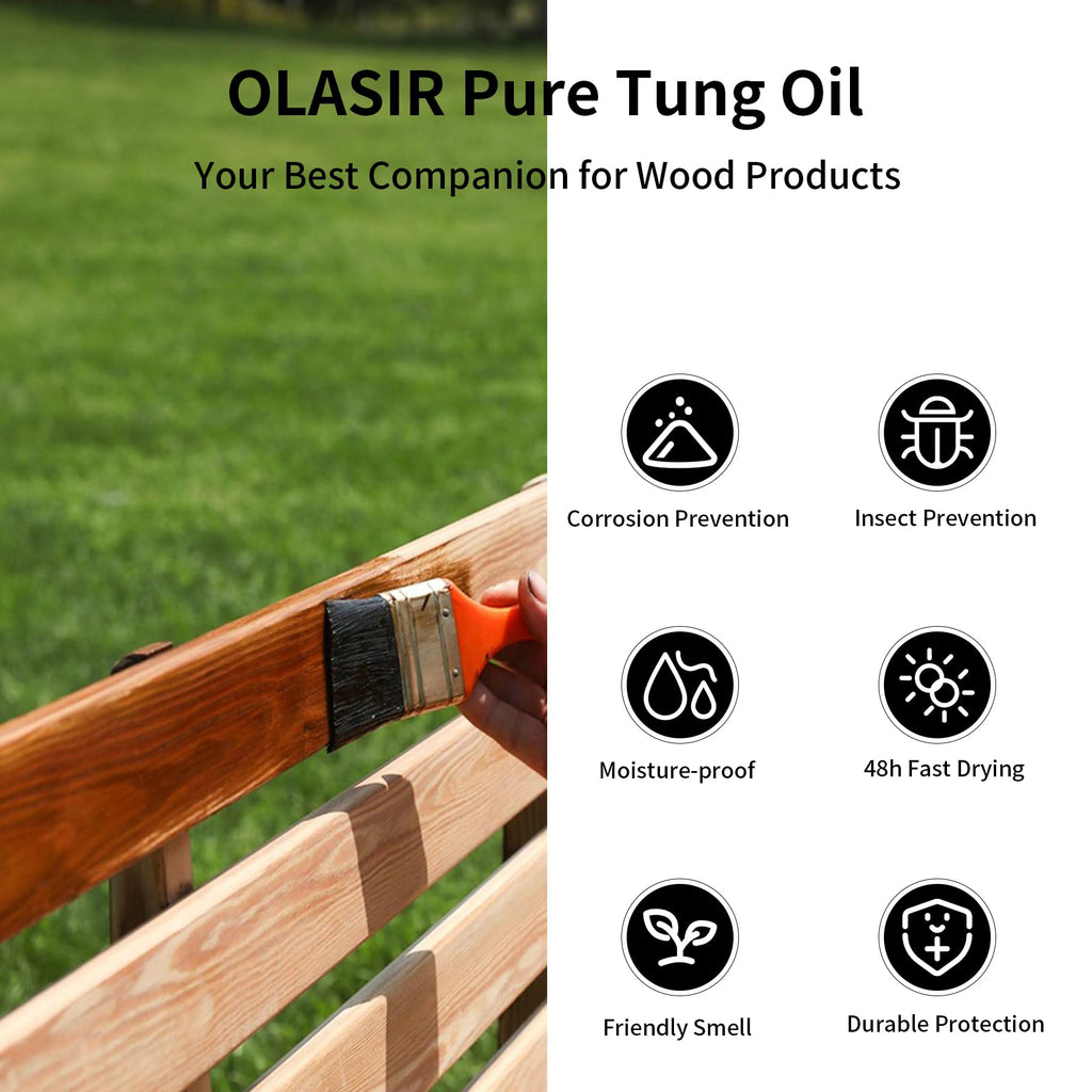 OLASIR 32 oz 100% Natural Pure Tung Oil for Wood Finishing Food Grade Safe, Waterproof Tung Oil for Wood Floors Indoor & Outdoor Furniture