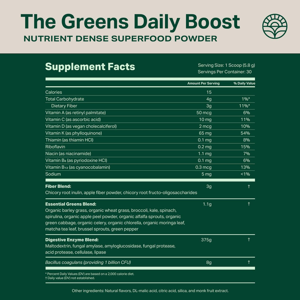 Proper, The Greens Daily Boost Organic Greens Powder. Whole Food, Apple Flavour Veggie Powder Superfood with Wheatgrass, Spirulina, Chlorella, Probiotics. Daily Drink Mix for Wellness and Digestion