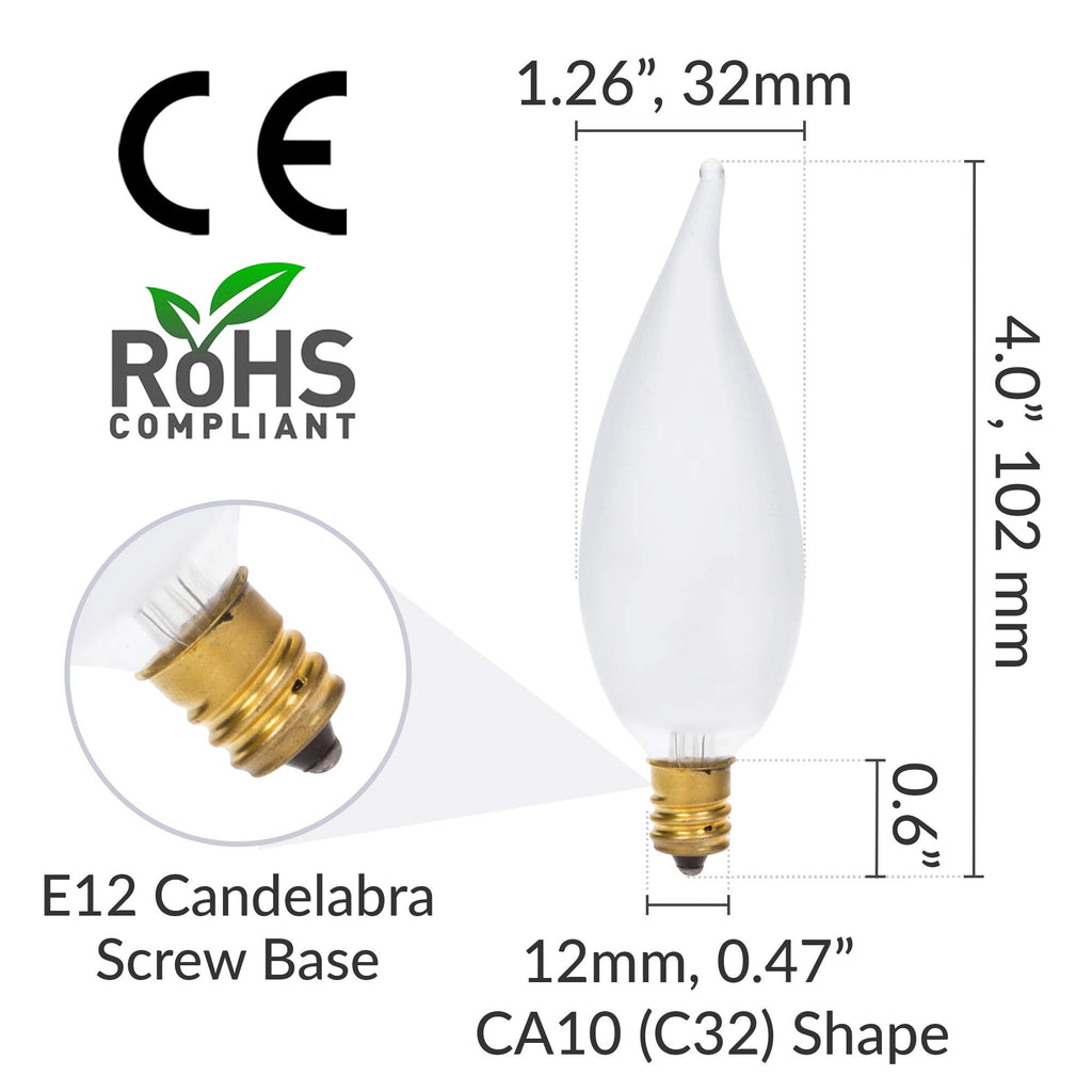 Simba Lighting Candelabra Flame Tip Frosted CA10 25W E12 Base (12 Pack) Decorative Incandescent Light Bulbs 120V for Chandeliers, Ceiling Fan Lights, Pendants, Wall Sconces, Dimmable, Warm White 2700K