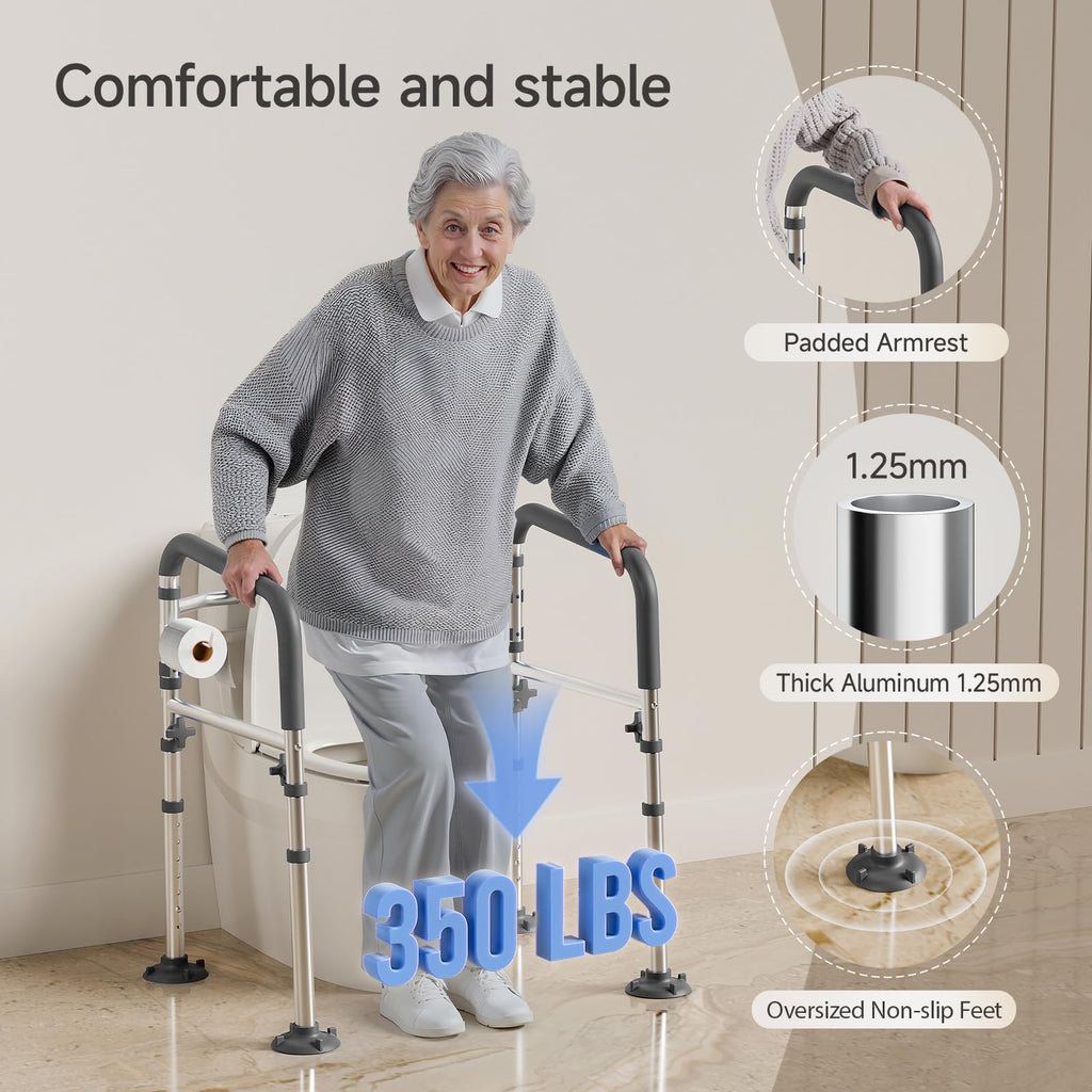 Loyoda Toilet Safety Rails,Height-Adjustable Toilet Frame Width-Adjustable Toilet Handles Foldable Toilet Rail Provides Support for Seniors ， Pregnant ，Disabled （Gray）