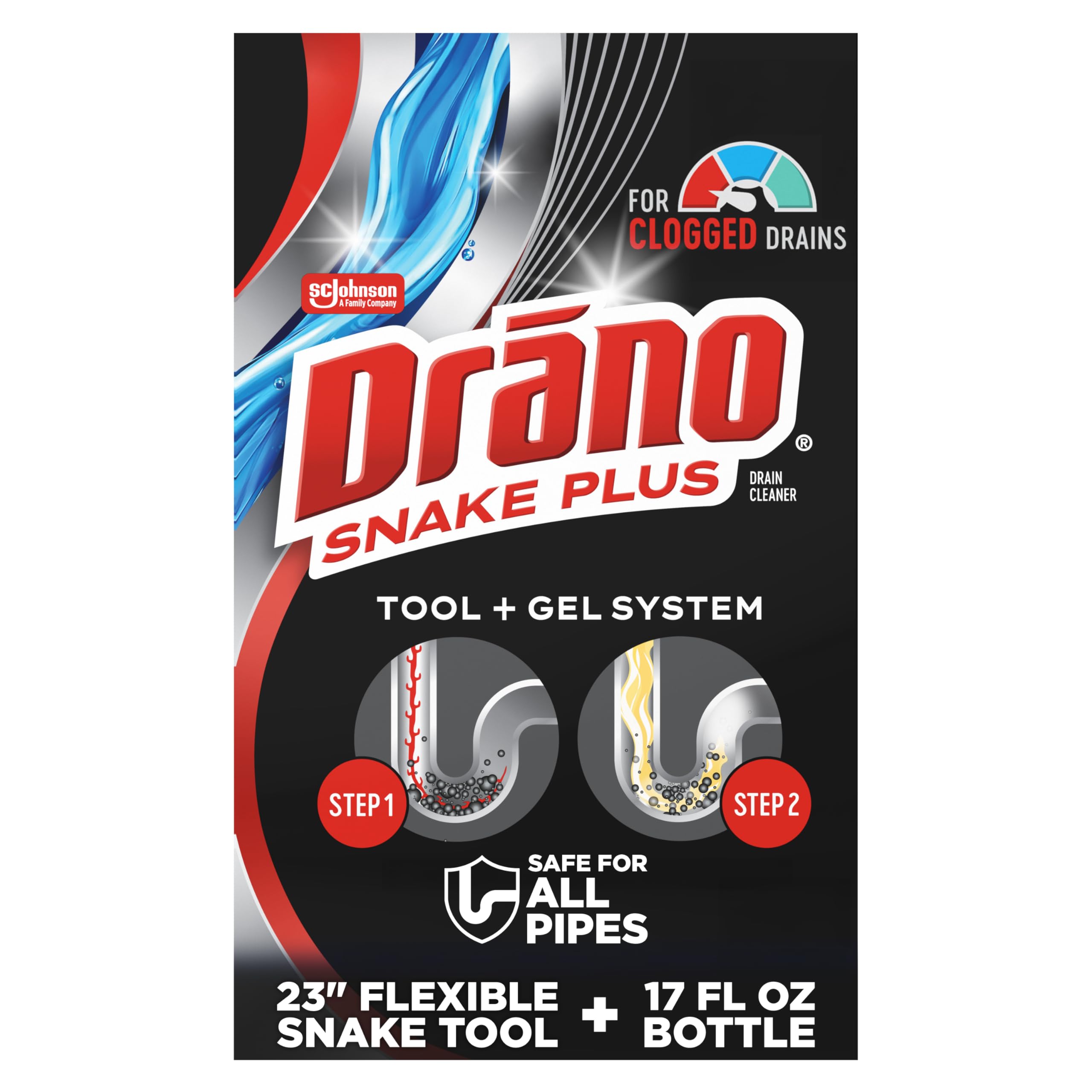 Drano Snake Plus Tool and Gel System, Drain Snake with Drain Clog Remover Gel, Unclogs and Removes Hair and Blockages, Commercial Line 16 Fl oz and 23 Inch Tool