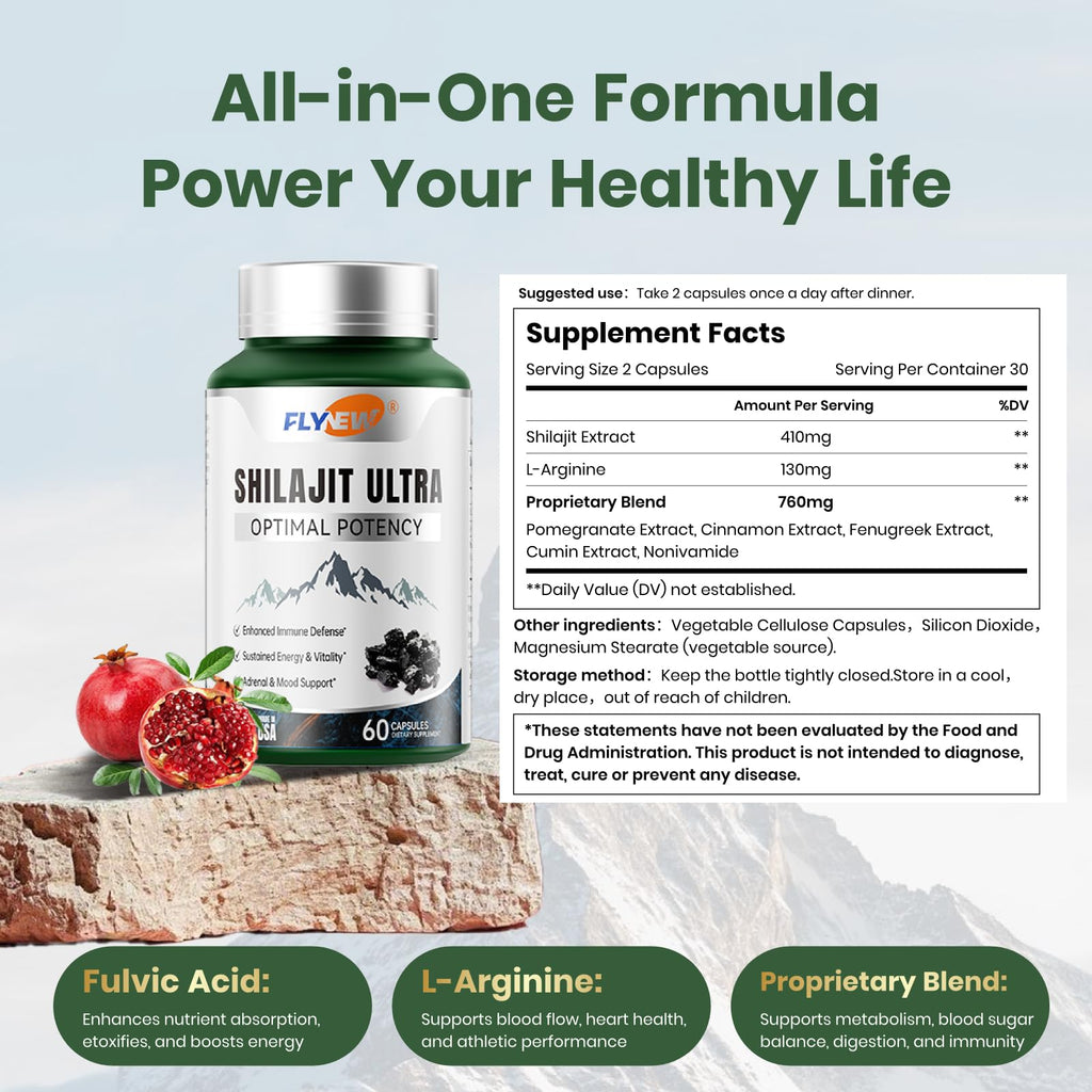 Flynew Shilajit for Men Women, Shilajit for Extra Power, Stamina & Immune Support, Multivitamin for Women Men, Womens Multivitamin for Bone, Skin & Immune Health Support, 60 Capsules Per Bottle