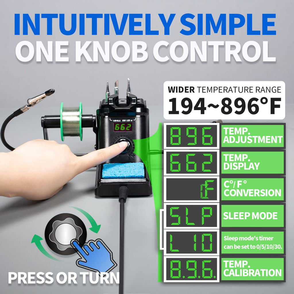 YIHUA 926 III 60W Digital Display Soldering Iron Station Kit w 2 Helping Hands, 6 Extra Iron Tips, Lead-Free Solder, Solder Sucker, S/S Tweezers, °C/ºF Conversion, Auto Sleep & Calibration Support