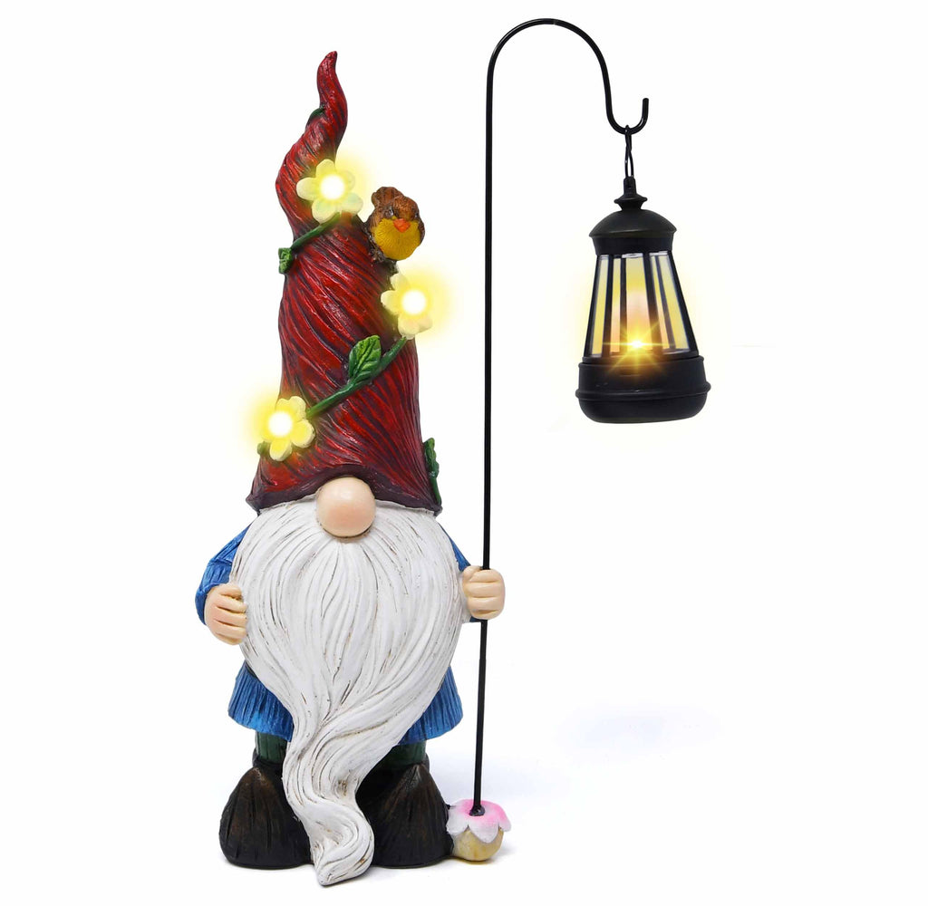 Outdoor Garden Gnome Statue with Solar Lantern Light Resin Yard Decor Patio Lawn Pathway Figurine Holiday Decoration Gnome Gift for Women Mom