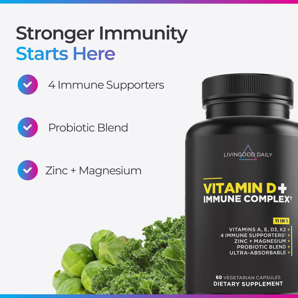 Livingood Daily Vitamin D3 K2 4000 IU Supplement, 9-in-1 Dietary Supplement for Immune Support - Made with Vitamins D, A, E, K2, Zinc, Magnesium & Probiotic Blend for Maximum Absorption - 60 Capsules
