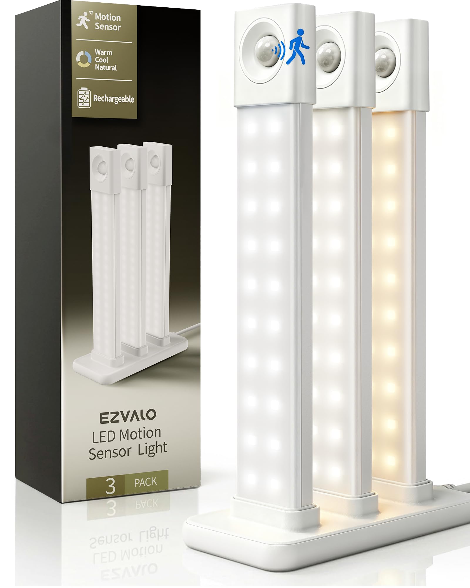 EZVALO Under Cabinet Lighting with Charging Station, 8 inch Motion Sensor Light Indoor, 1100mAh Rechargeable LED Light, 3 Color Temperatures, Dimmable Counter Lights for Kitchen, Closet, Stair (3Pack)