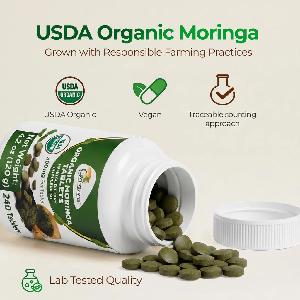 Grenera Organic Moringa Tablets | USDA Organic, 500mg Per Tablet | Uncoated Herbal Supplement, Single Ingredient Moringa Leaf Powder | Lab Tested Quality, Vegan & Kosher Certified | 240 Count