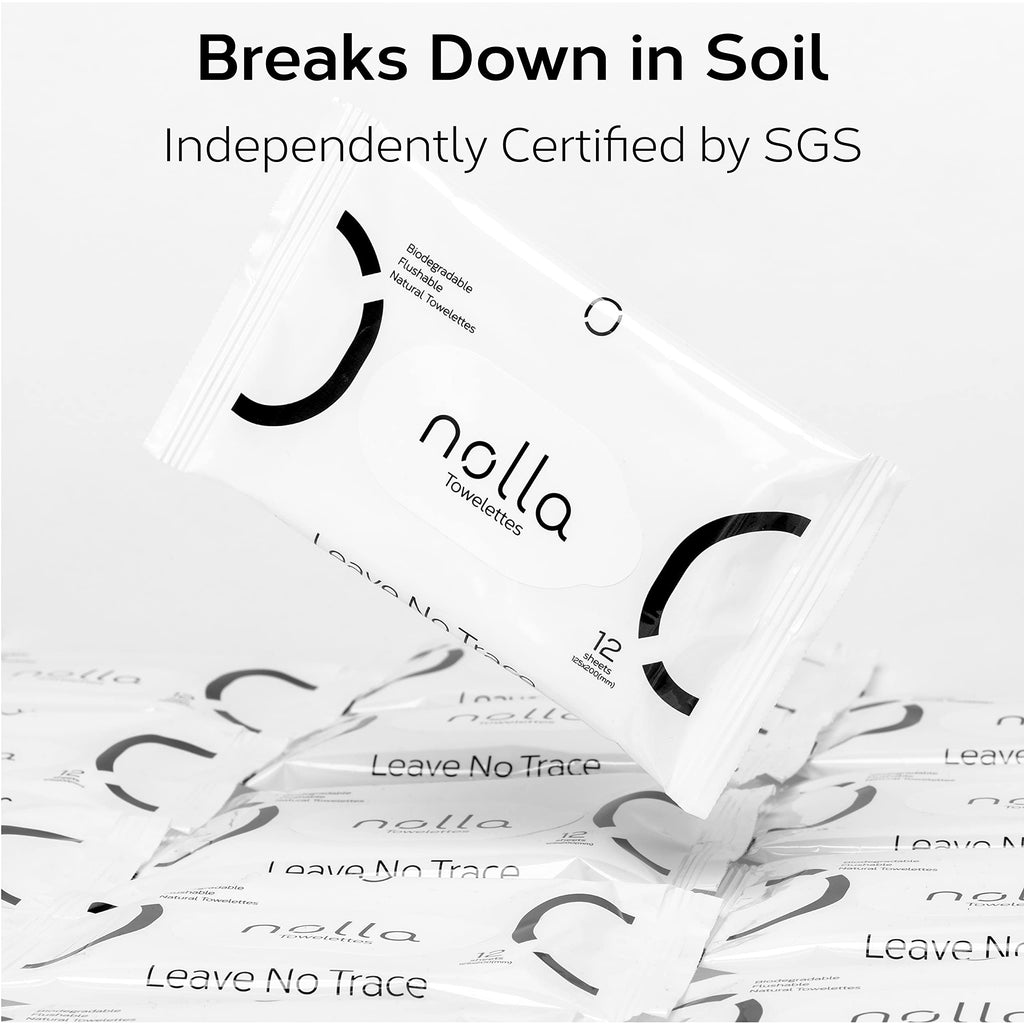 Nolla Flushable Wipes Travel Packs, 100% Plant-Based, Plastic-Free and Biodegradable - Unscented + Soothing Aloe and Vitamin E 240 Count (20 Packs of 12)