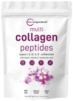 Micro Ingredients Multi Collagen Peptides Powder, 8oz – Hydrolyzed Type I,II,III,V,X with Biotin, Hyaluronic Acid, Vitamin C – Unflavored Collagen for Women & Men, Easy Dissolve, 20 Servings