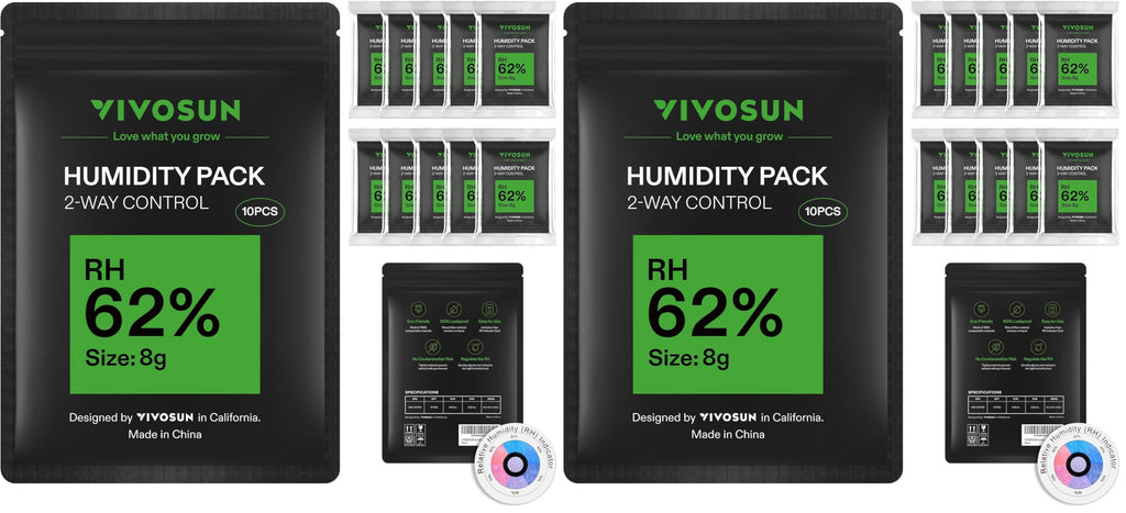 VIVOSUN 62% RH Two-Way Humidity Control Packs, Size 8 g, 20 Packs, Each for Storing 1 oz, Moisture Balancer with RH Indicator Card for Food Storage