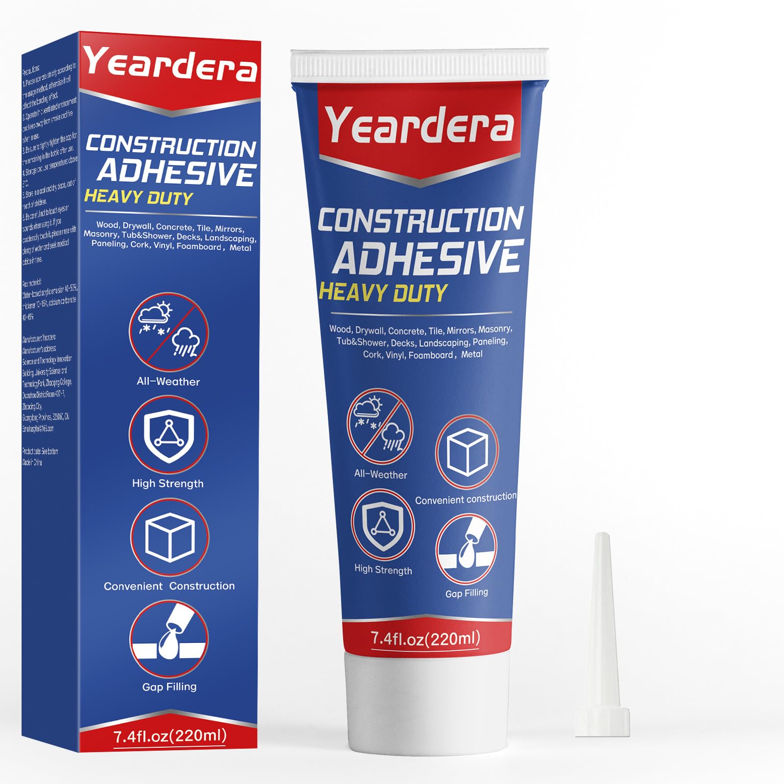 Yeardera Heavy Duty Construction Adhesive, 7.4 Ounce Cement Glue Squeeze Tube, Versatile Construction Glue for Tile, Floor, Stone, Wood, Wall & More, Pack of 1 (CZJS-100ml-001)