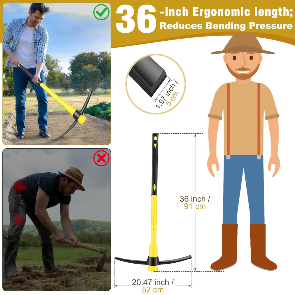 NAUKII 36 Inch Pick Mattock – Heavy Duty Rail Steel Garden Hoe with Fiberglass Handle, 2 in 1 Adze Hoe & Pick Axe for Digging, Landscaping, Yard Work, Outdoor