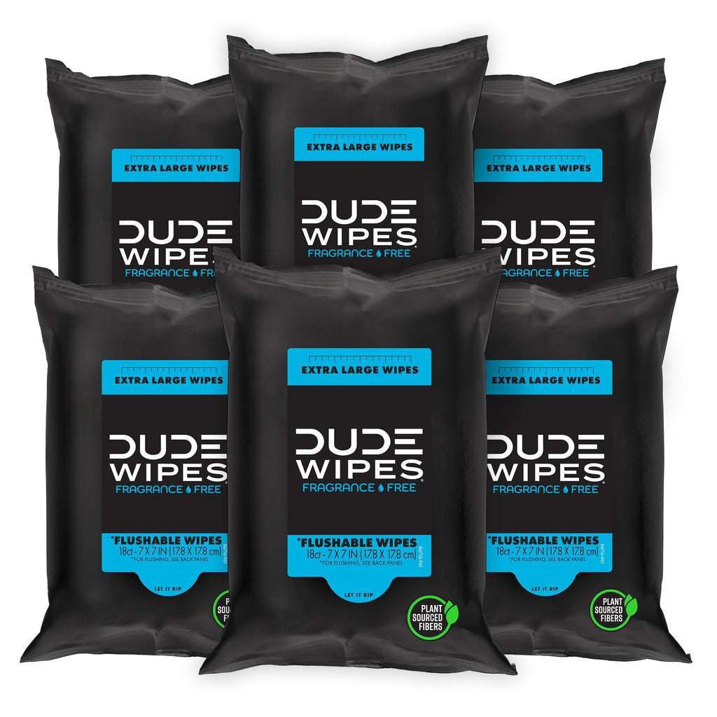 DUDE Wipes - Flushable Wipes Travel Package, Extra Large - Unscented - with Vitamin E & Aloe - Septic and Sewer Safe, 18 Count (Pack of 72)