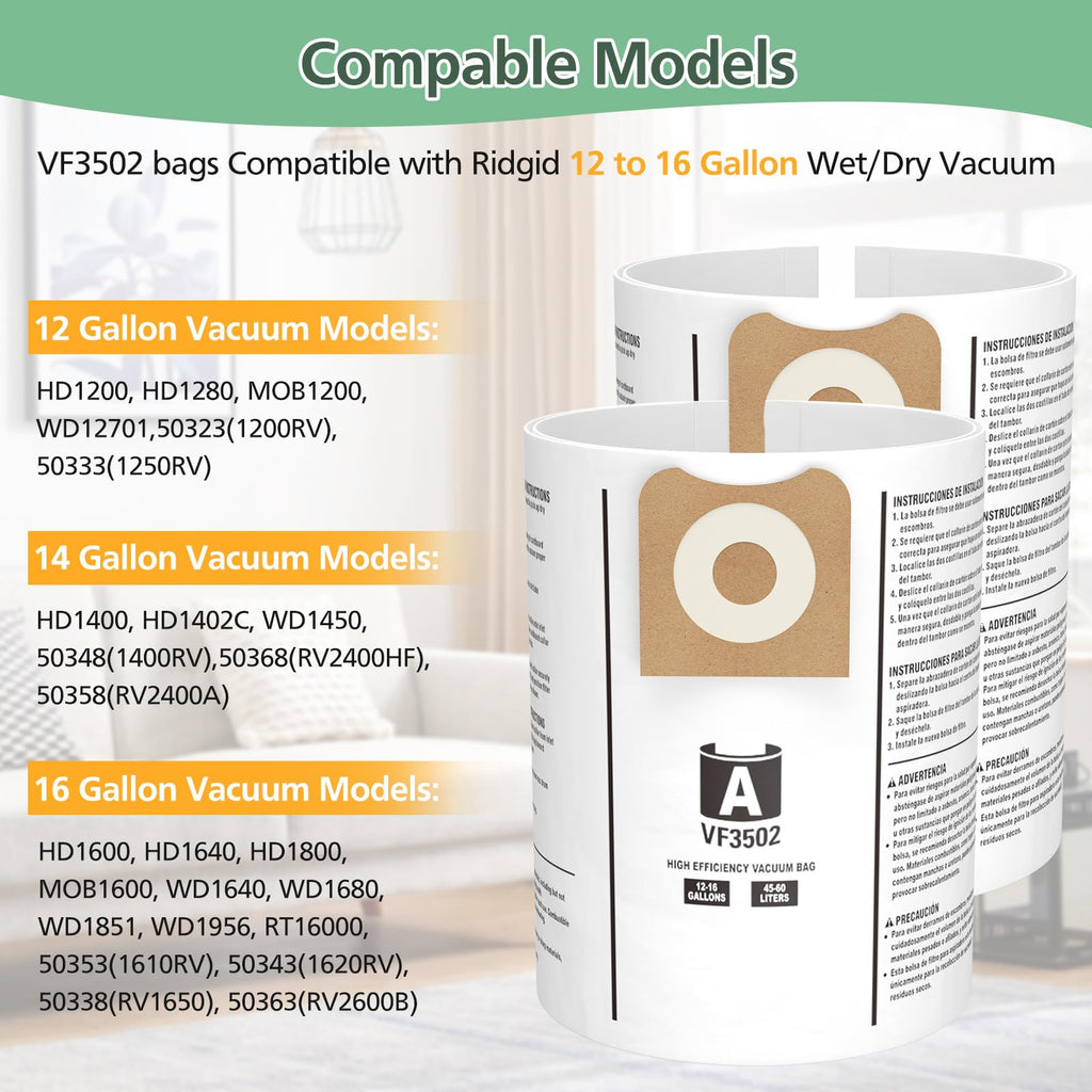 15 Pack 23743 VF3502 Vacuum Bags Compatible with Ridgid 12 to 16 Gallon Wet Dry Vacuums, High Efficiency Replacement Filter Bags for Model WD1950 WD1956 WD1850 WD1851 RV2400HF WD1450 WD1680 WD1270