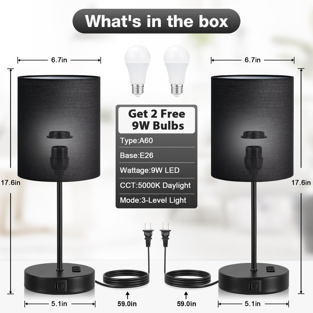 Black Touch Lamps for Nightstand Set of 2 - Bedside Table Lamp for Bedroom with Dual USB Ports & AC Outlet, 3-Way Dimmable Lamps for Living Room Boys Room, Night Light with 5000K Daylight Bulbs