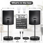 Black Touch Lamps for Nightstand Set of 2 - Bedside Table Lamp for Bedroom with Dual USB Ports & AC Outlet, 3-Way Dimmable Lamps for Living Room Boys Room, Night Light with 5000K Daylight Bulbs