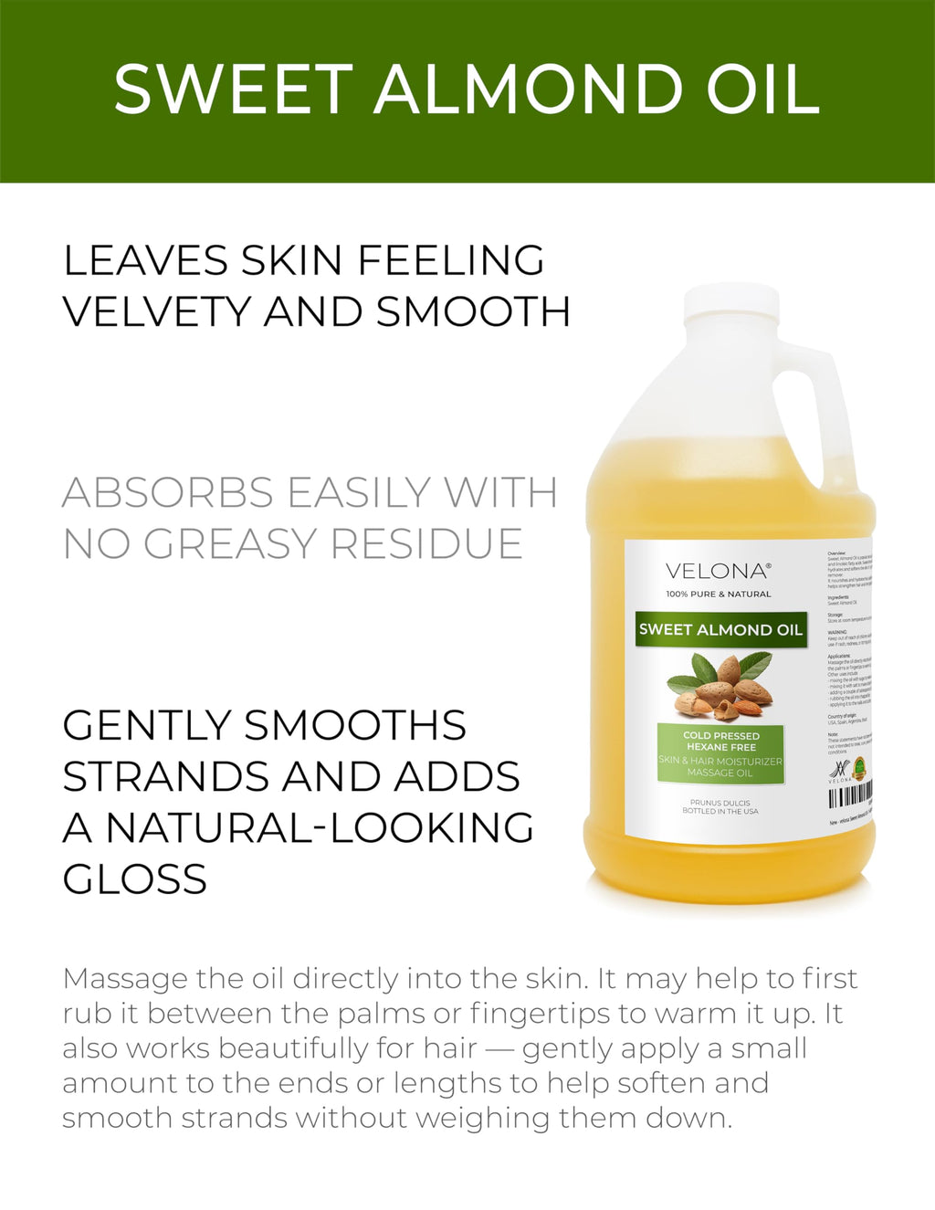 velona Sweet Almond Oil - 64 Fl Oz | 100% Pure and Natural Carrier Oil |Cold Pressed | Skin, Hair, Body & Face Moisturizing | Use Today - Enjoy Results…