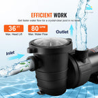 VEVOR Above Ground Pool Pump, 1HP, 80 GPM Max. Flow Single Speed Swimming Pool Pump, 120V 3450 RPM 36 ft Max. Head Lift Pool Pump with Filter Basket, for Above Ground Pools Hot Tubs Spas