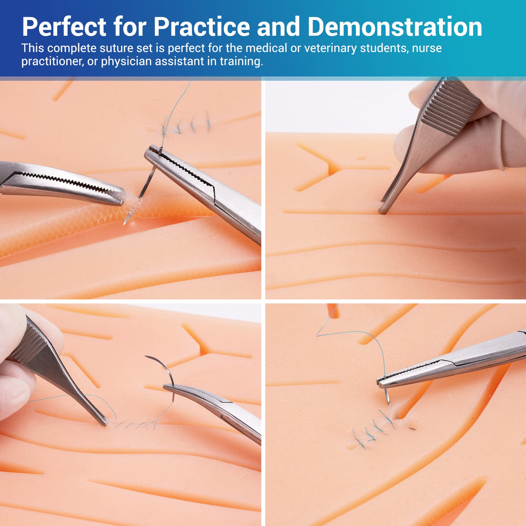 Alcedo Suture Practice Kit for Medical Students | Complete Set (32 Pieces) Include Durable Large Suturing Pad with Pre-Cut Wounds, Tools Kit, and Suture Threads for Educational Use Only