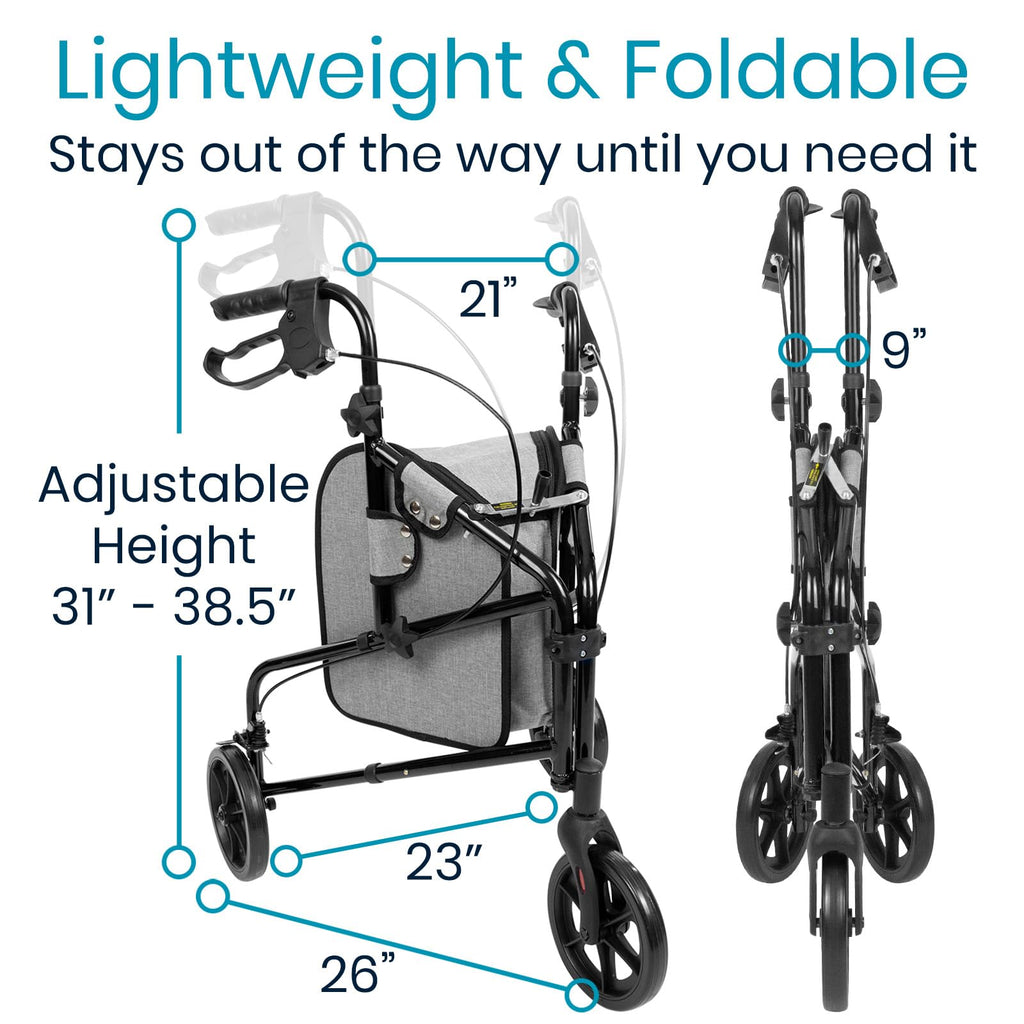 Vive Mobility 3 Wheel Walker - Three Wheeled Rollator for Seniors - Lightweight, Foldable, Narrow, Heavy Duty - for Elderly Men Women - Folding 3-Wheel Tri Scooter with Basket Bag