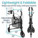 Vive Mobility 3 Wheel Walker - Three Wheeled Rollator for Seniors - Lightweight, Foldable, Narrow, Heavy Duty - for Elderly Men Women - Folding 3-Wheel Tri Scooter with Basket Bag