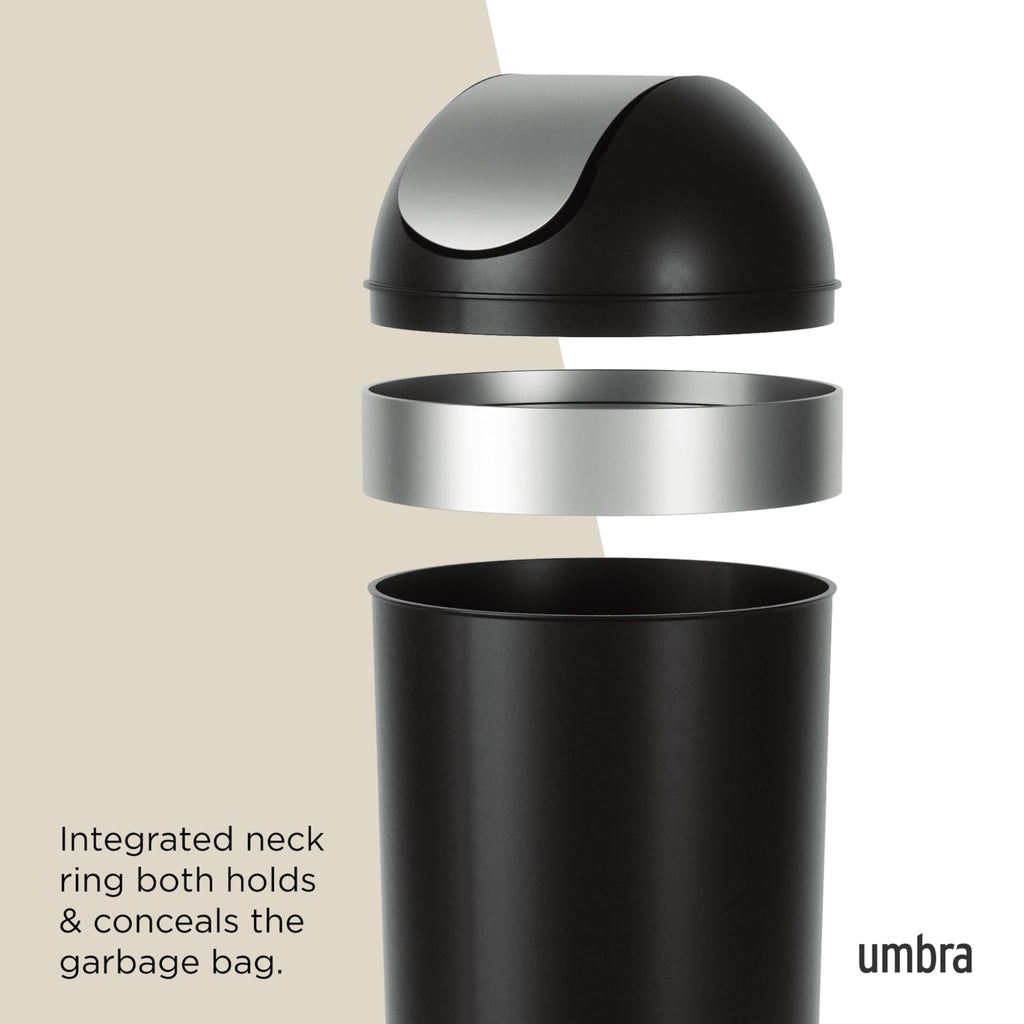 Umbra Venti Kitchen Trash Can, Swing Top Lid, 16 Gallon, Black/Nickel