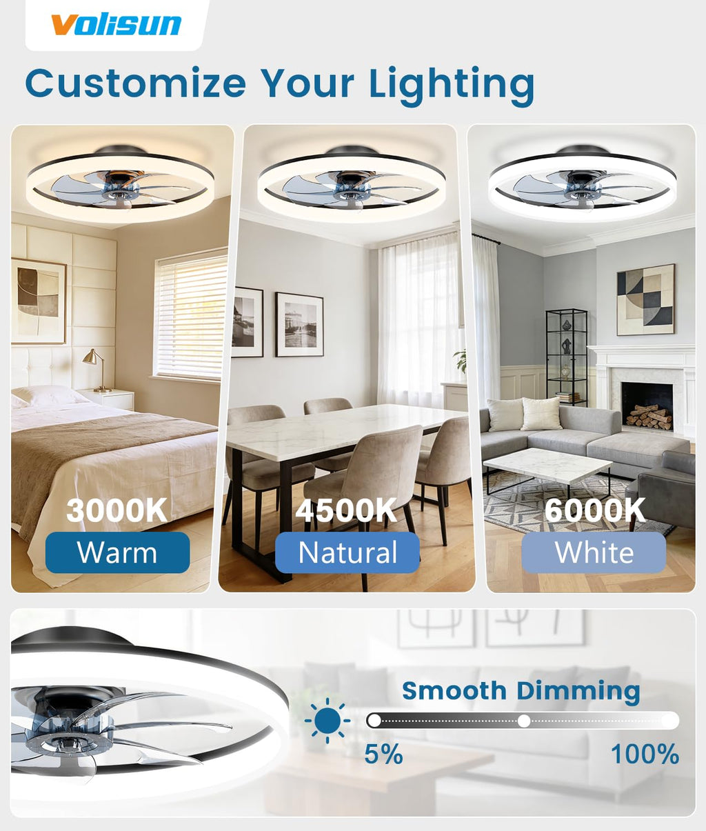 VOLISUN Low Profile Ceiling Fans with Lights and Remote, 24in Fandelier Ceiling Fan Flush Mount, 3000K-6500K Smart Bladeless LED Fan Light, Black Modern Ceiling Fans with Lights for Bedroom