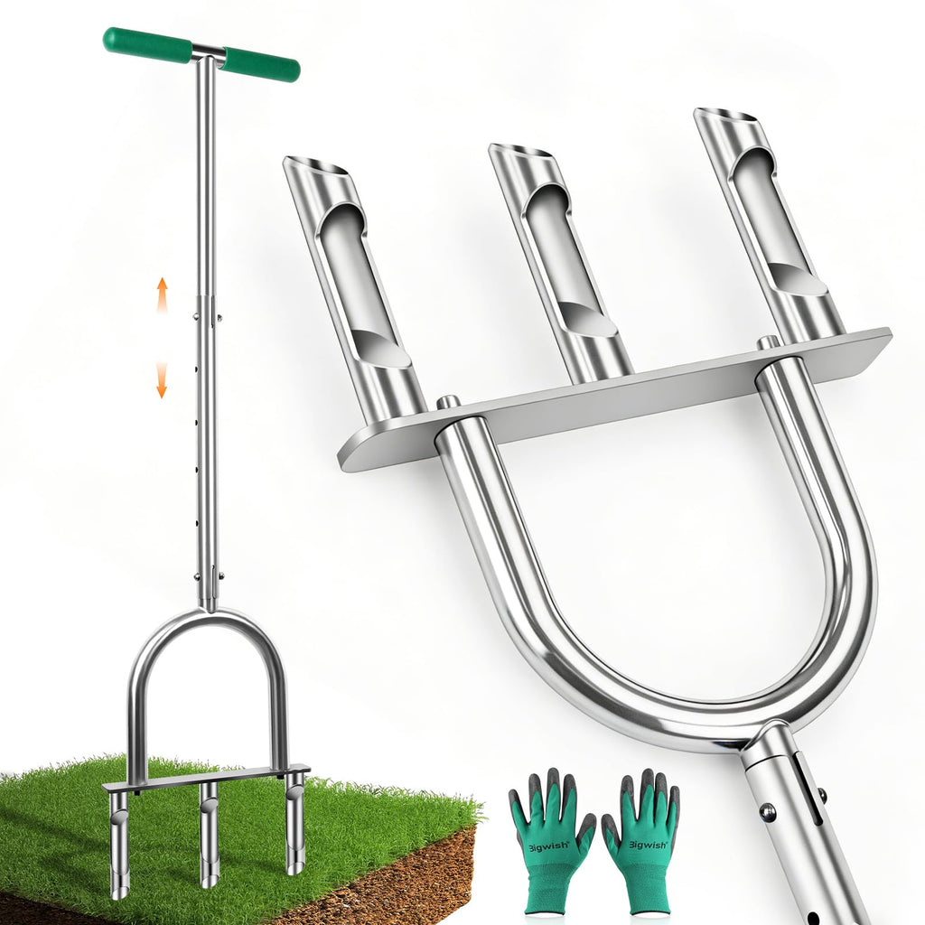 Lawn Aerator Tool, Stainless Steel Manual Core Aerator with 3 Hollow Tines