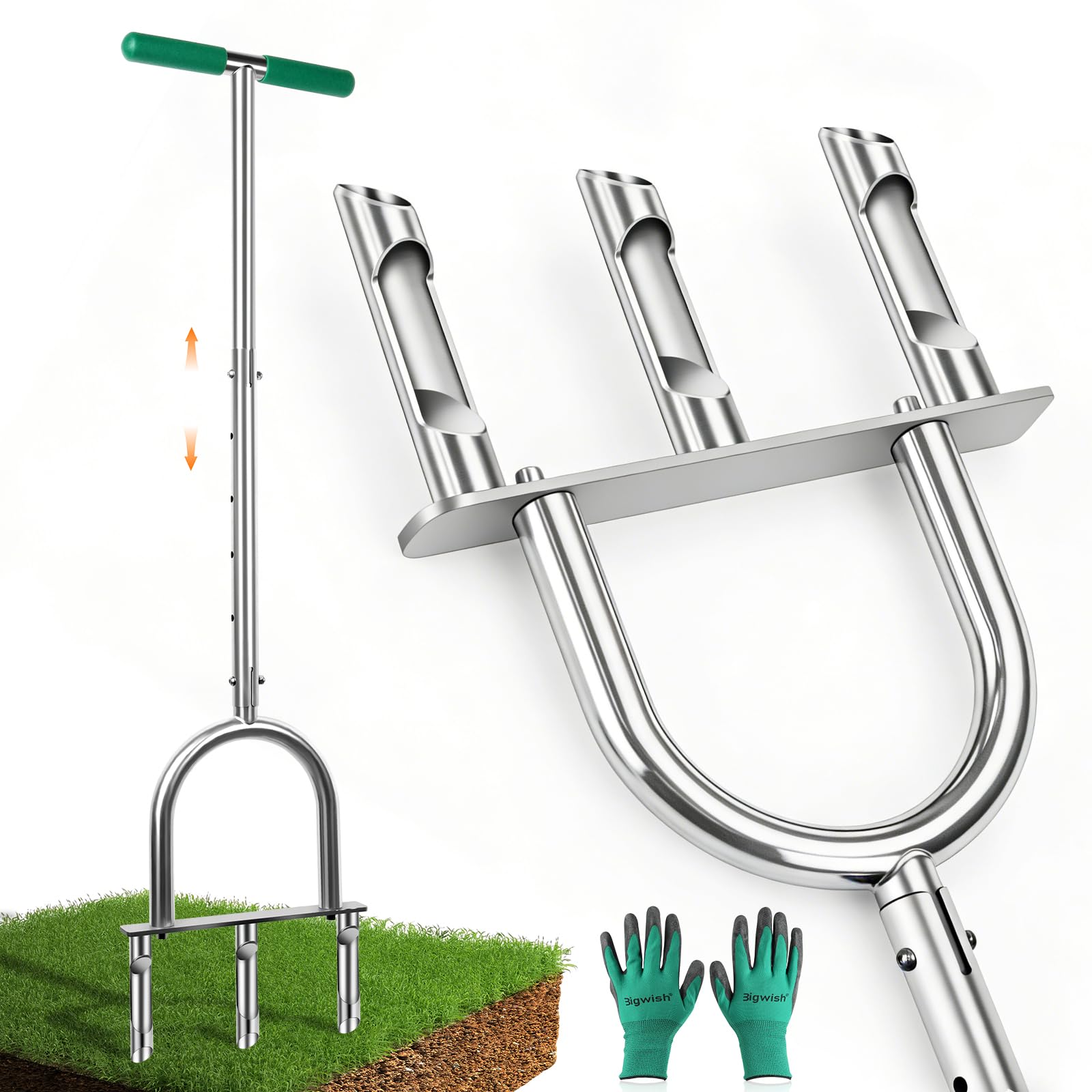 Lawn Aerator Tool, Stainless Steel Manual Core Aerator with 3 Hollow Tines