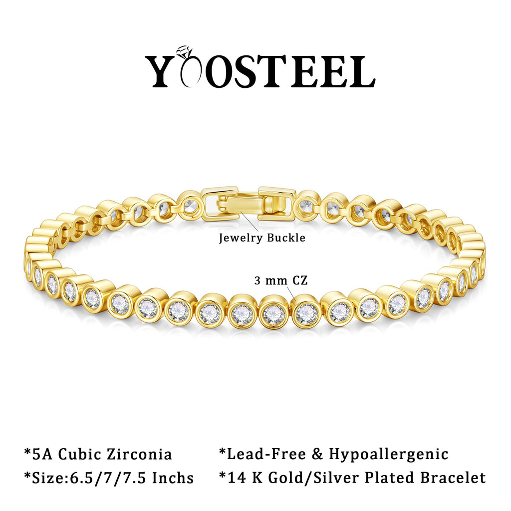 Yoosteel 14K-Gold-Plated Bezel Tennis Bracelet for Women,6.5 In CZ Bracelet