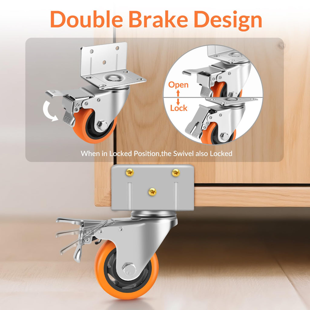 Caster Wheels,3 Inch L-Shaped Casters Set of 4 Heavy Duty,4-Pack Industrial Casters with Brake Polyurethane Wheels, Locking Caster Wheels for Furniture and Workbench