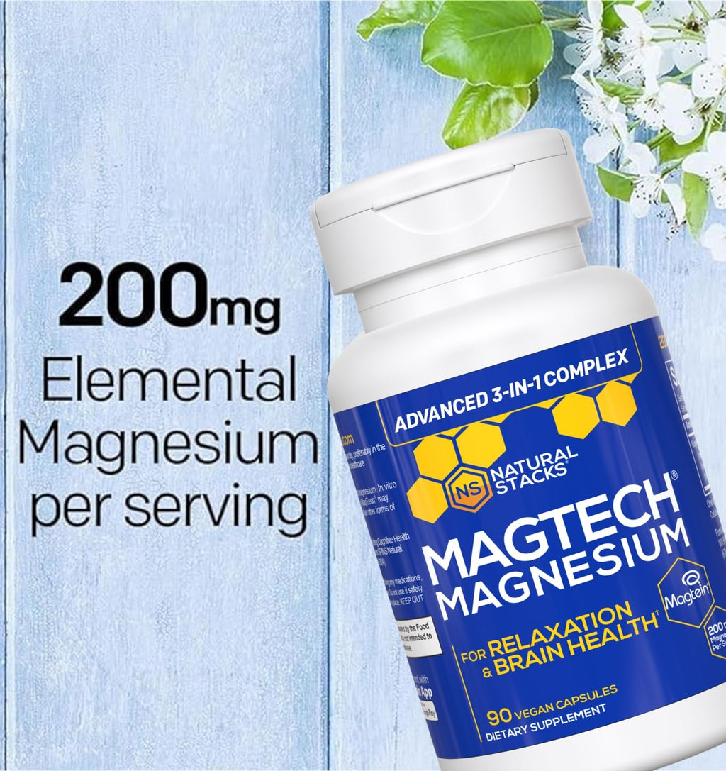 Magtein Magnesium L-Threonate, Glycinate & Taurate – 200mg Chelated Magnesium Complex – MagTech Magnesium Supplement for Relaxation & Brain Health – 90 Capsules
