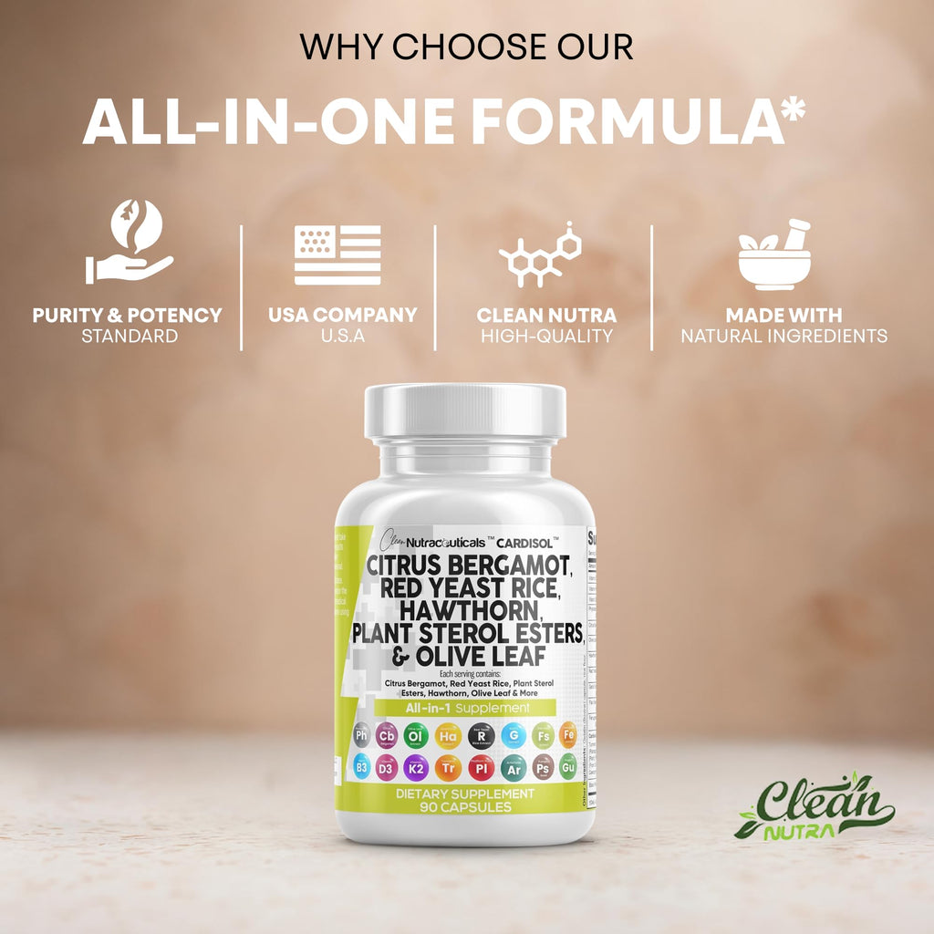 Clean Nutraceuticals Citrus Bergamot Red Yeast Rice Capsules with Plant Sterols - with Hawthorn Extract Olive Leaf Niacin Vitamin K3 D3 COQ10 Guggul & More