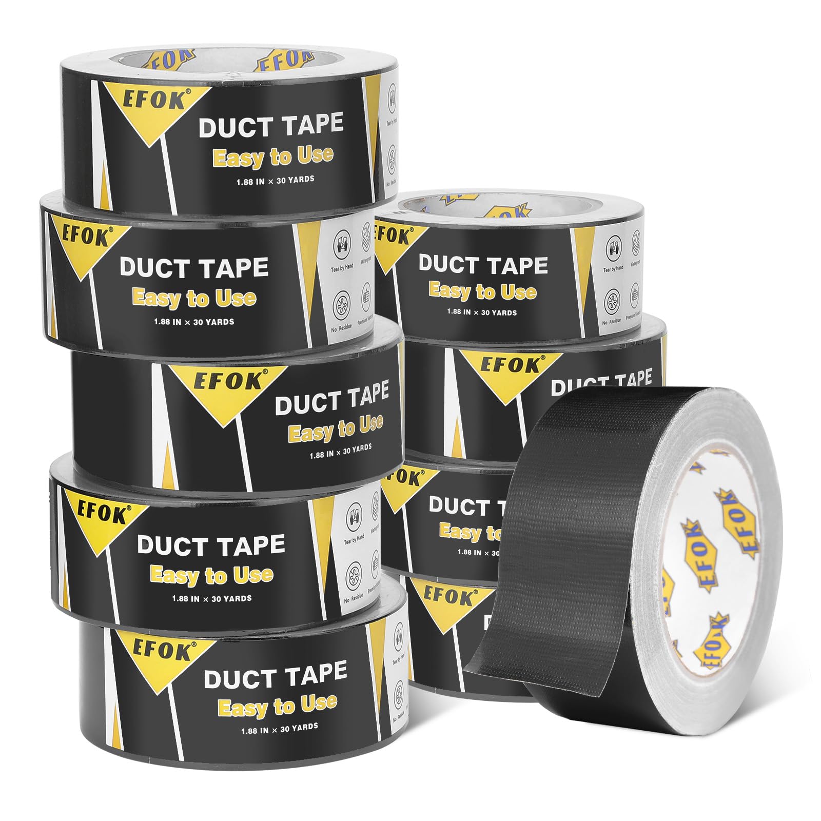 EFOK 10 Pack Duct Tape Heavy Duty Waterproof, Black Duct Tape Bulk 1.88 Inch X 90 Ft, Strong Adhesive for Indoor Outdoor Tear By Hand