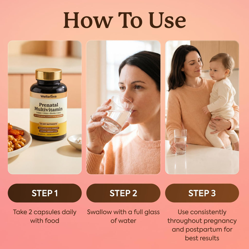 Wellanova Prenatals Multivitamin for Women – with Iron – Family Planning & Pregnancy Prenatal Vitamins with DHA, Folate & Gentle Chelated Minerals – 60 Capsules