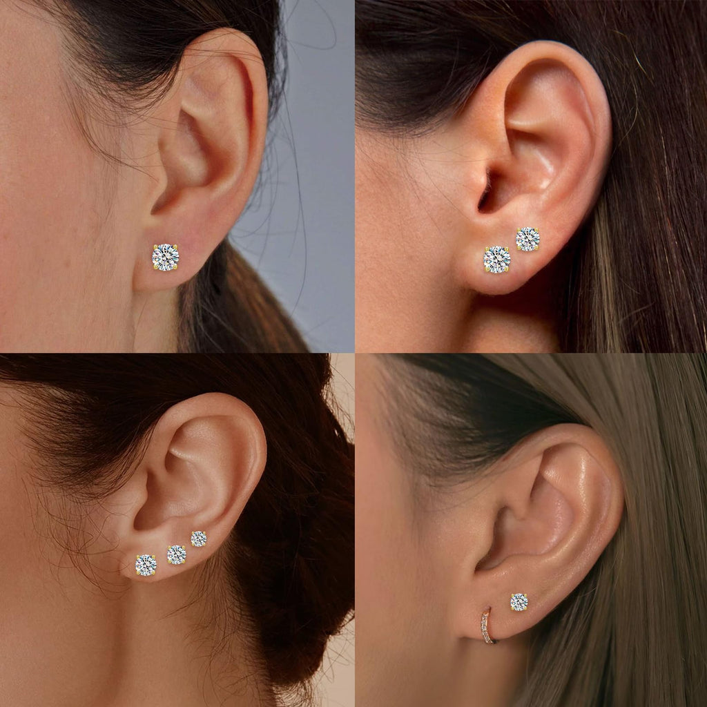 Lyniuoy Moissanite Studs Earrings For Women & Men 14K Gold Plated 925 Sterling Silver Hypoallergenic Flat Back Stud Earrings For Sensitive Ear Gifts For Girlfriend 6.5mm 1.0ct X2