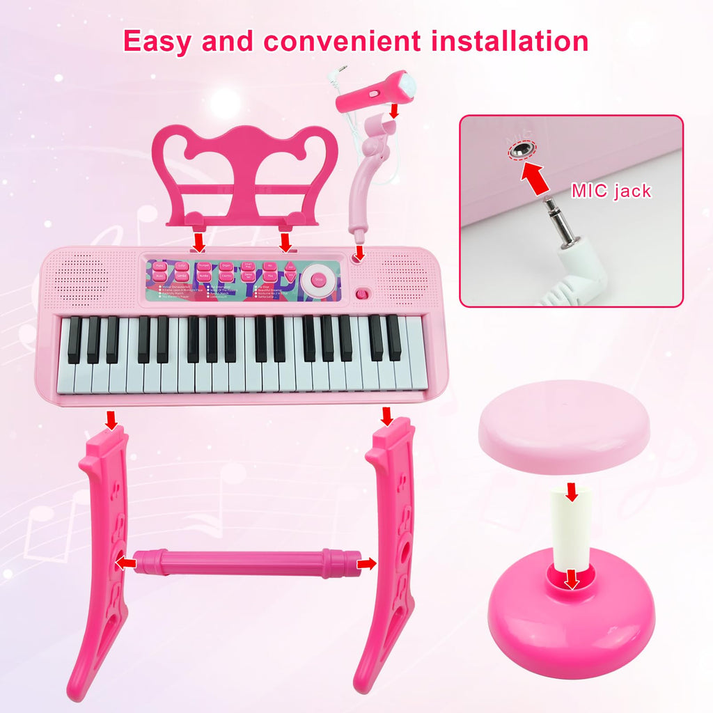 Love&Mini Kids Keyboard Toys for Girls - 37 Keys Pianos Toy with Stool and Microphone Pink Electronic Musical Instrument, Christmas Birthday Gift for Kids 3 4 5 6 7 8 Years Old Boy and Girl