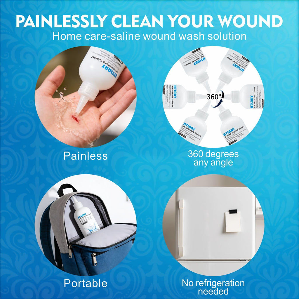 HTLARY Skin and Wound Cleanser 0.9% Saline Solution. Formulated to Manage cuts, abrasions, and Minor Burns While Providing Gentle Hydration and Preparation for Absorbent dressings