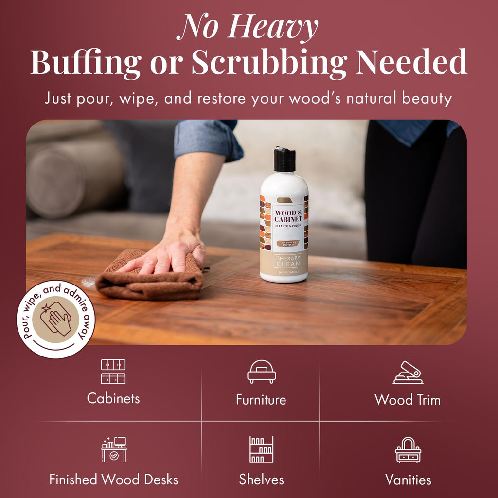 Therapy Wood Polish Bundle with Microfiber 16 oz. - Wood Furniture Polish, Best Furniture Cleaner - Almond Scent - Cleaner, Cabinet and Table Restorer, Natural Conditioner