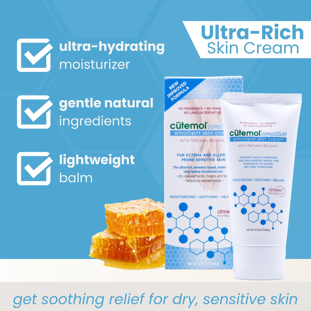 Cutemol Emollient Moisturizer for Sensitive Skin - Serious Moisturizing Cream for Damaged Skin Recovery - Fragrance Free Hydration for Cracked Hands & Feet, Eczema, Psoriasis & Dry Skin (2.75 oz)