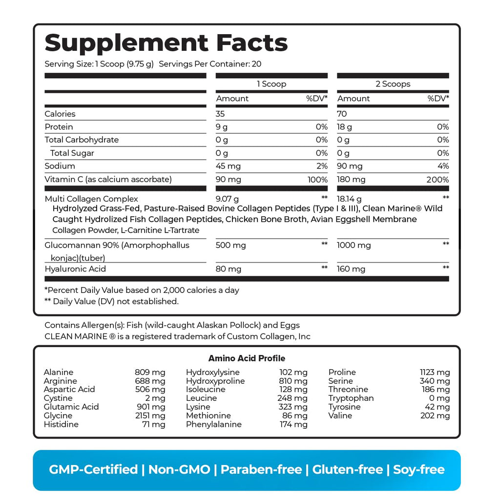 Multi Collagen Powder with Types I, II, III, V, X - Weight Management Supplement with Vitamin C & Hyaluronic Acid – Supports Skin, Hair, Nails, Metabolism, Joint & Muscle Health – 20 Servings (1)