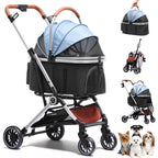 GTPLAYER Pet Stroller for Small Dogs and Cats, One-Click Foldable, Detachable Carrier, Breathable Mesh, 45 lbs Capacity, 2 Safety Leashes, Storage Basket & Cup Holder, Light Blue