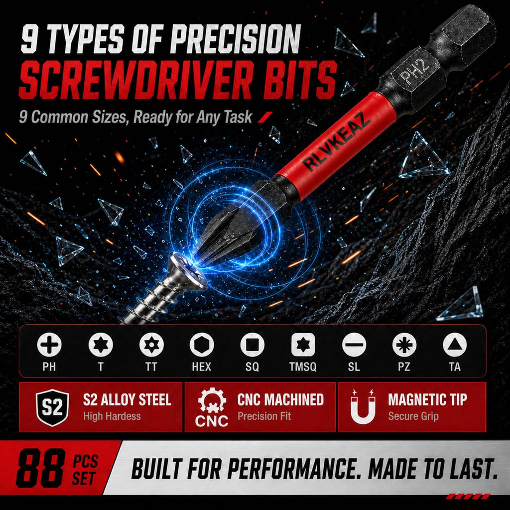 RLVKEAZ 88-Piece Impact Driver & Magnetic Screwdriver Bit Set, S2 Steel Security Torx Hex Phillips Square Triangle Slotted Bits, Mini Ratchet Wrench, Magnetic Bit Holders & Nut Driver, 1/4'' Hex Shank