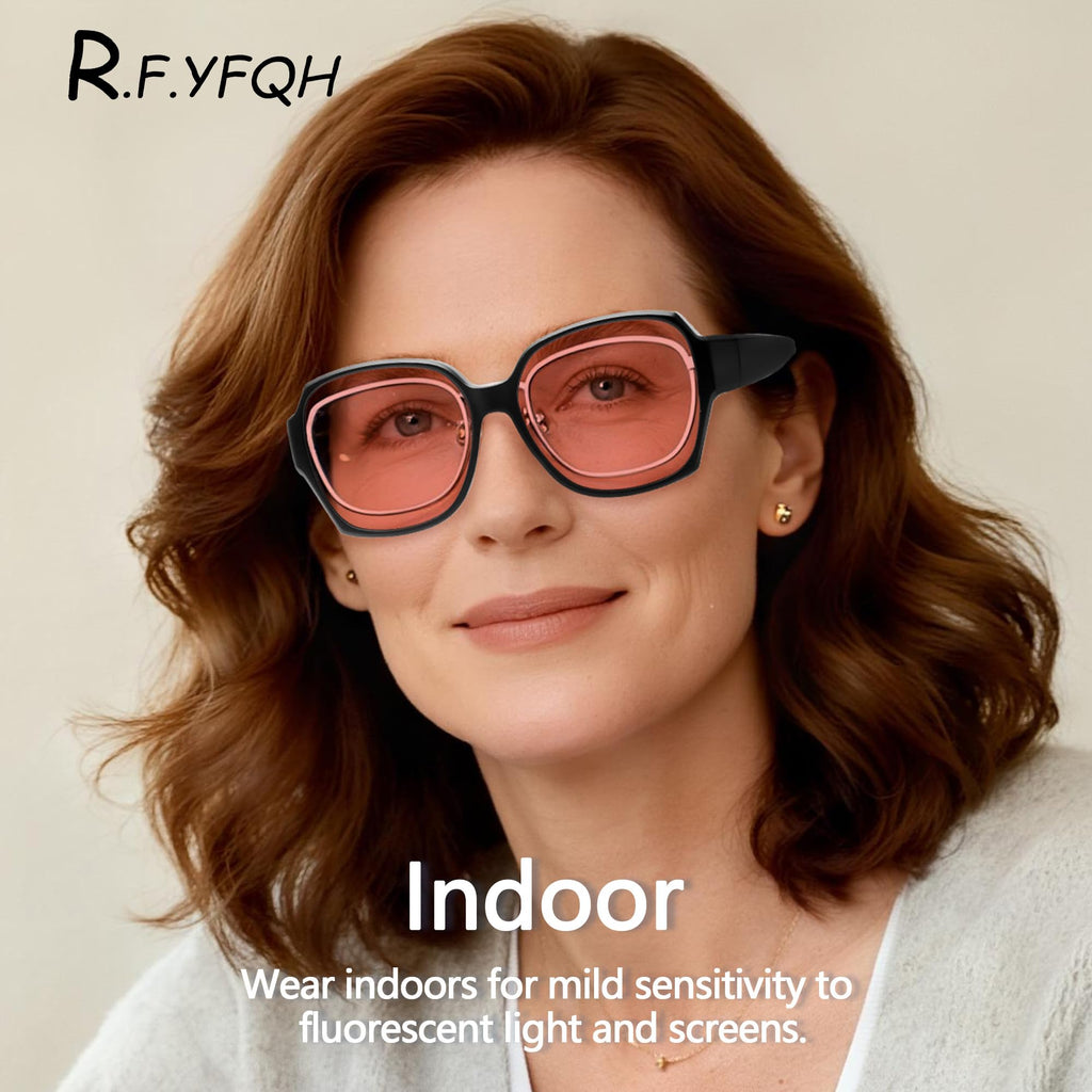 R.F.YFQH 2 Pack Indoor Fluorescent-41 Rose & Outdoor Fluorescent-60 Brown Tinted Fit Over Blue Light Blocking Glasses for Migraine, Light Sensitivity, Photophobia & LED Gaming Computer Glare JF7202