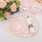 WELLIFE 210Pcs Clear-Pink Plastic Dinnerware- Pink and Gold Plastic Dinnerware include 30 Dinner Plates, 30 Dessert Plates, 90 Gold Silverware, 30 Cups and 30 Napkins Perfect for Parties